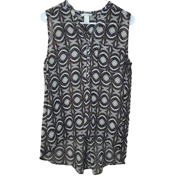 H&M Top Womens Size 8 Black Multicolor Geometric Print Chiffon Blouse Sleeveless - Picture 1 of 12